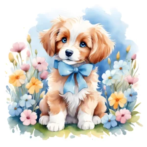 Adorable Chiot aux Yeux Bleus dans Jardin Fleuri Aquarelle