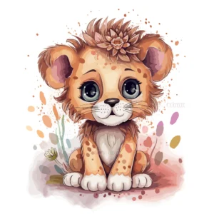 Adorable Lionceau aux Yeux Bleus avec Fleur Aquarelle Enfantine