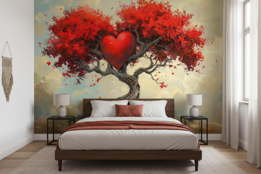 Arbre Coeur Rouge Romantique sur Paysage Désertique Artistique - Chambre adulte