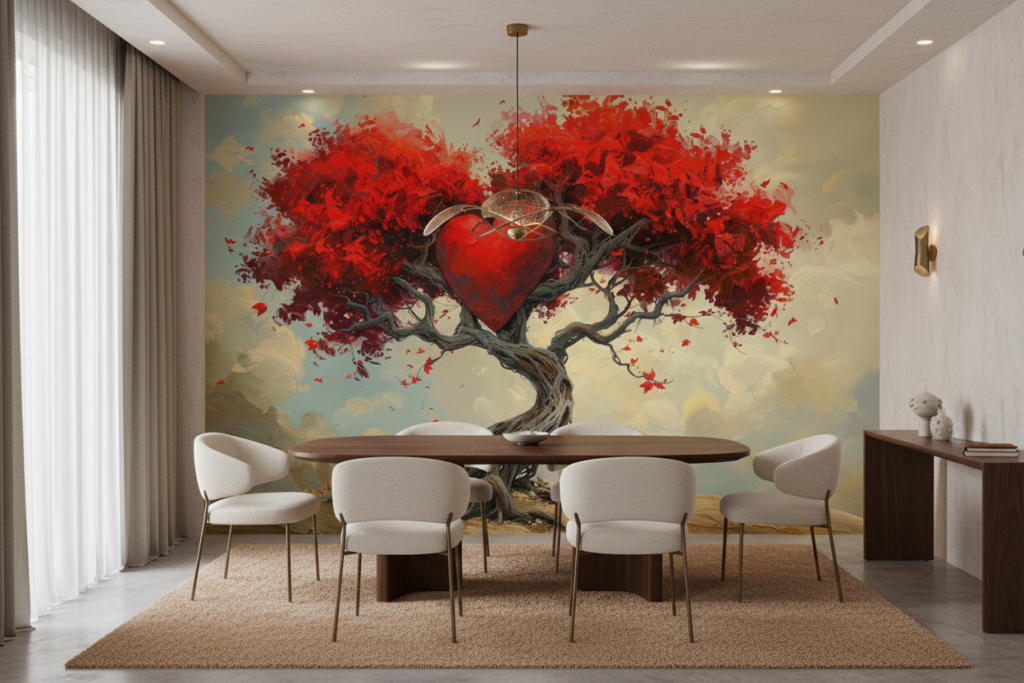 Arbre Coeur Rouge Romantique sur Paysage Désertique Artistique - Salle à manger