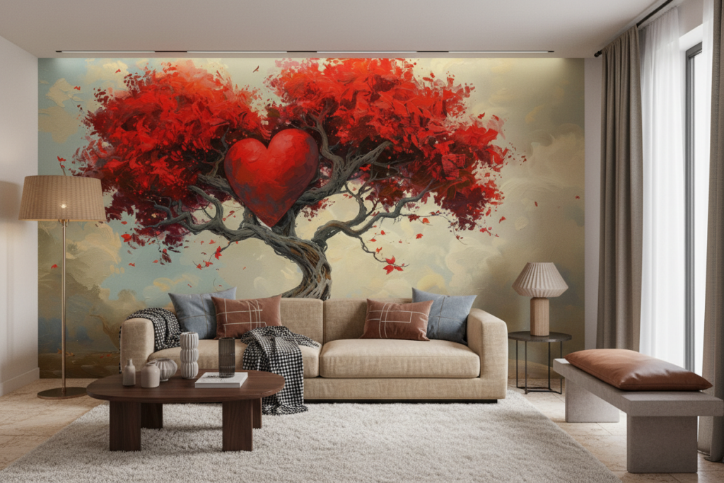 Arbre Coeur Rouge Romantique sur Paysage Désertique Artistique - Salon / Séjour
