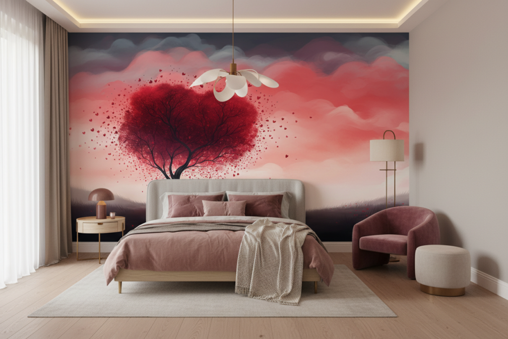 Arbre romantique aux feuilles cœur rose et rouge nuageux - Chambre ado