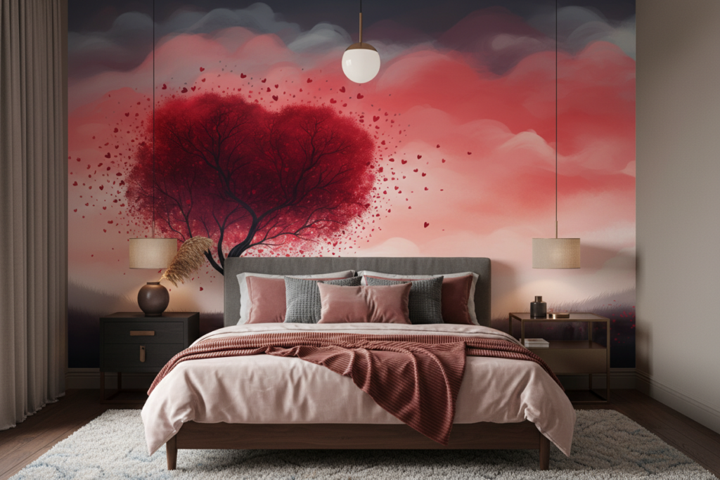 Arbre romantique aux feuilles cœur rose et rouge nuageux - Chambre adulte