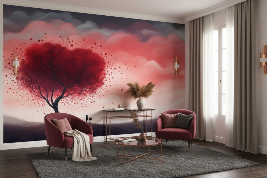 Arbre romantique aux feuilles cœur rose et rouge nuageux - Salon / Séjour