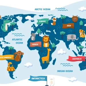 Carte du Monde Enfantine avec Animaux et Océans Colorés