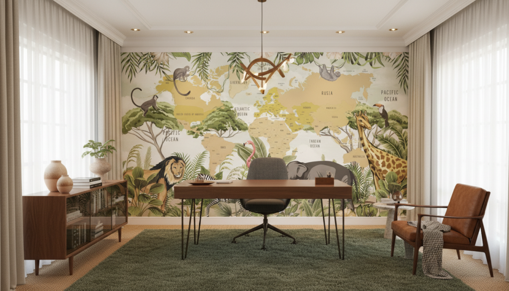 Carte du monde safari avec animaux exotiques et végétation tropicale - Bureau