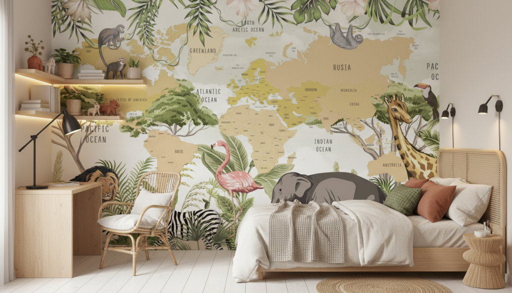 Carte du monde safari avec animaux exotiques et végétation tropicale - Chambre ado