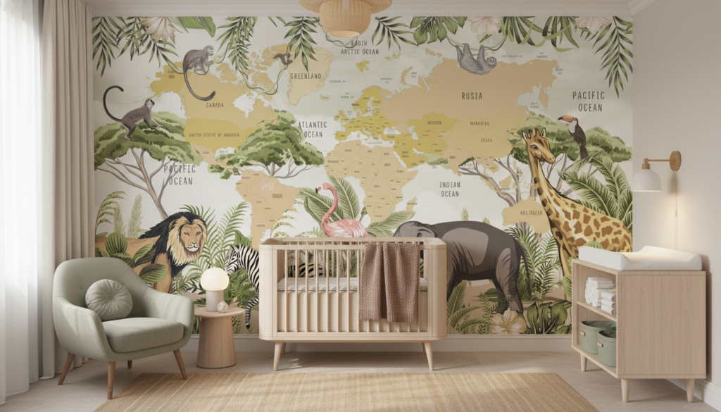 Carte du monde safari avec animaux exotiques et végétation tropicale - Chambre bébé