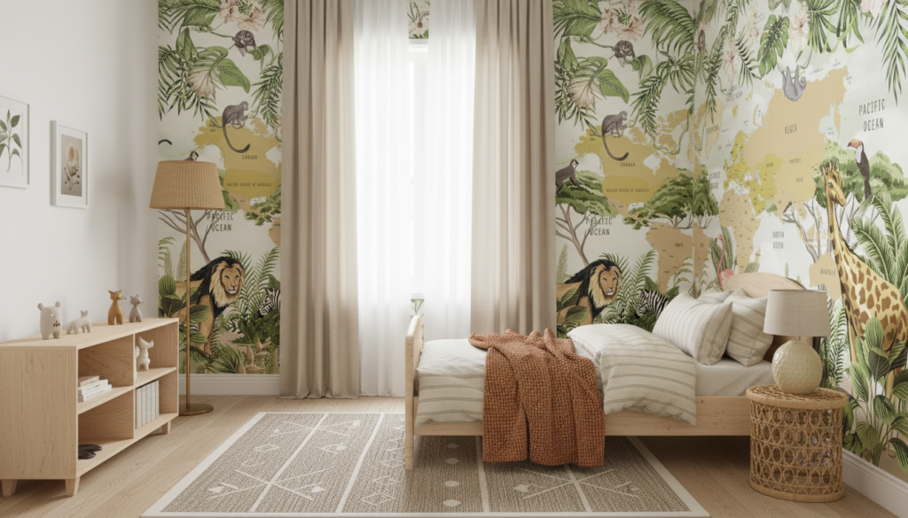 Carte du monde safari avec animaux exotiques et végétation tropicale - Chambre enfant