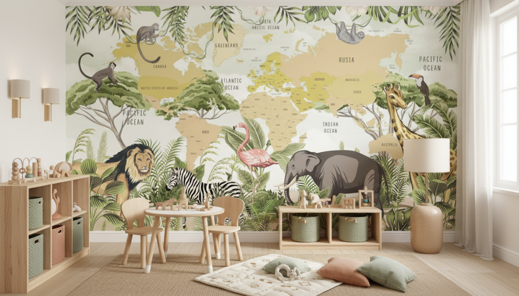 Carte du monde safari avec animaux exotiques et végétation tropicale - Espace enfant (pro)