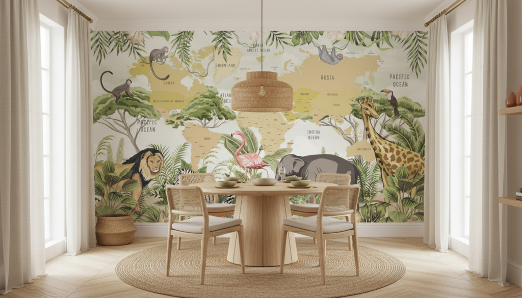 Carte du monde safari avec animaux exotiques et végétation tropicale - Salle à manger