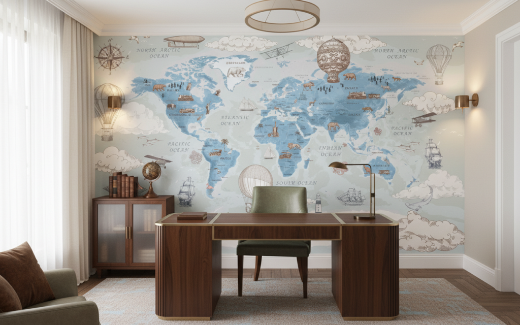 Carte du monde vintage avec animaux et moyens de transport historiques - Bureau