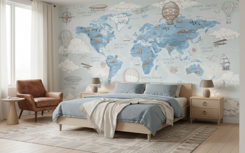 Carte du monde vintage avec animaux et moyens de transport historiques - Chambre adulte