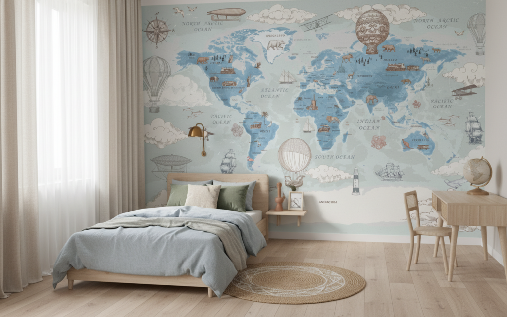 Carte du monde vintage avec animaux et moyens de transport historiques - Chambre enfant