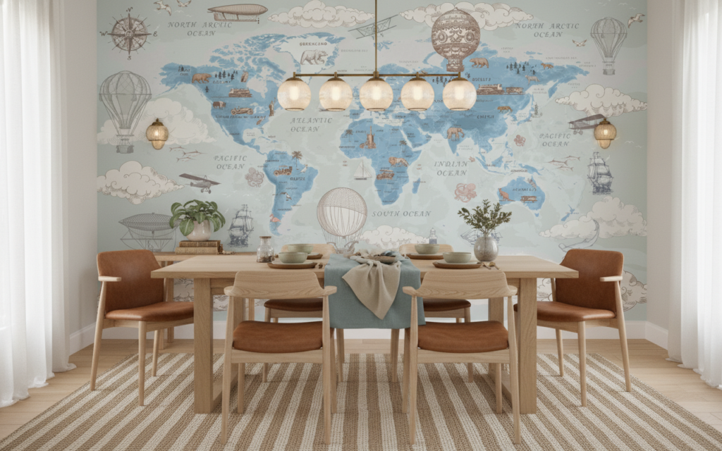 Carte du monde vintage avec animaux et moyens de transport historiques - Salle à manger