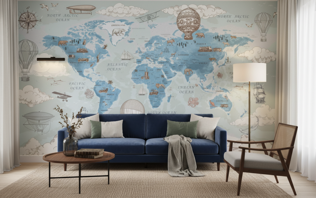 Carte du monde vintage avec animaux et moyens de transport historiques - Salon / Séjour