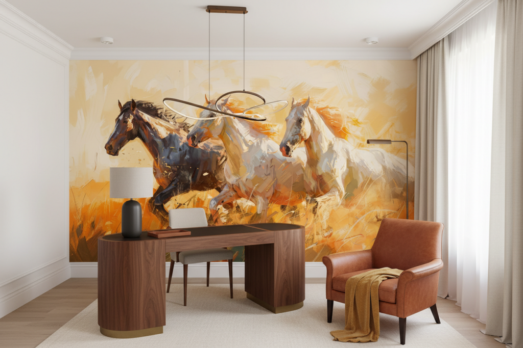 Chevaux sauvages en course dans paysage doré expressionniste - Bureau