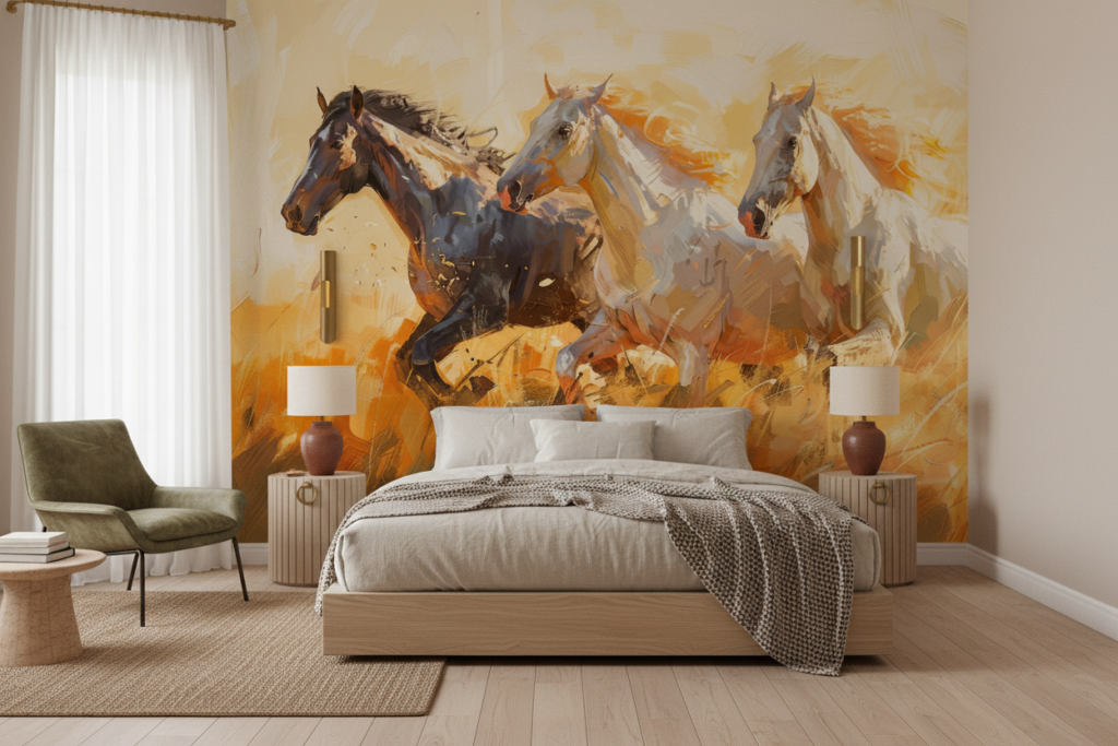 Chevaux sauvages en course dans paysage doré expressionniste - Chambre adulte