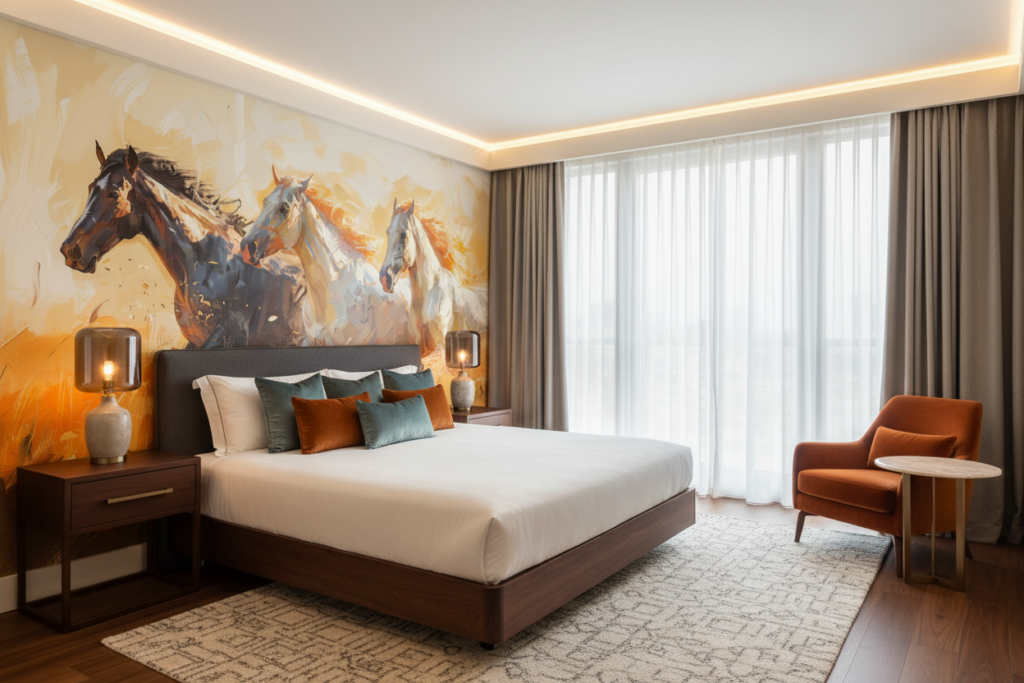 Chevaux sauvages en course dans paysage doré expressionniste - Hôtel