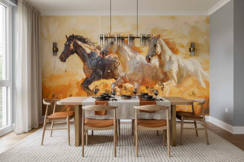 Chevaux sauvages en course dans paysage doré expressionniste - Salle à manger