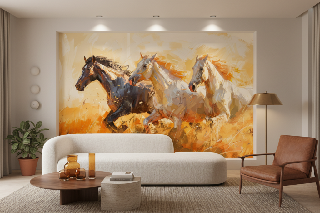 Chevaux sauvages en course dans paysage doré expressionniste - Salon / Séjour