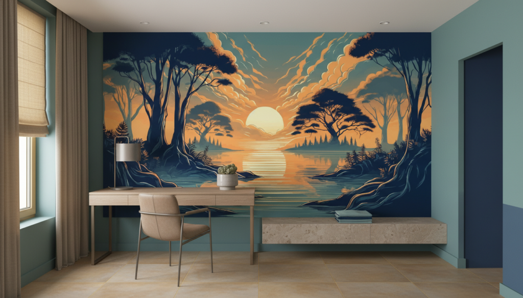 Coucher de soleil sur lac paisible entre arbres silhouettés - Bureau