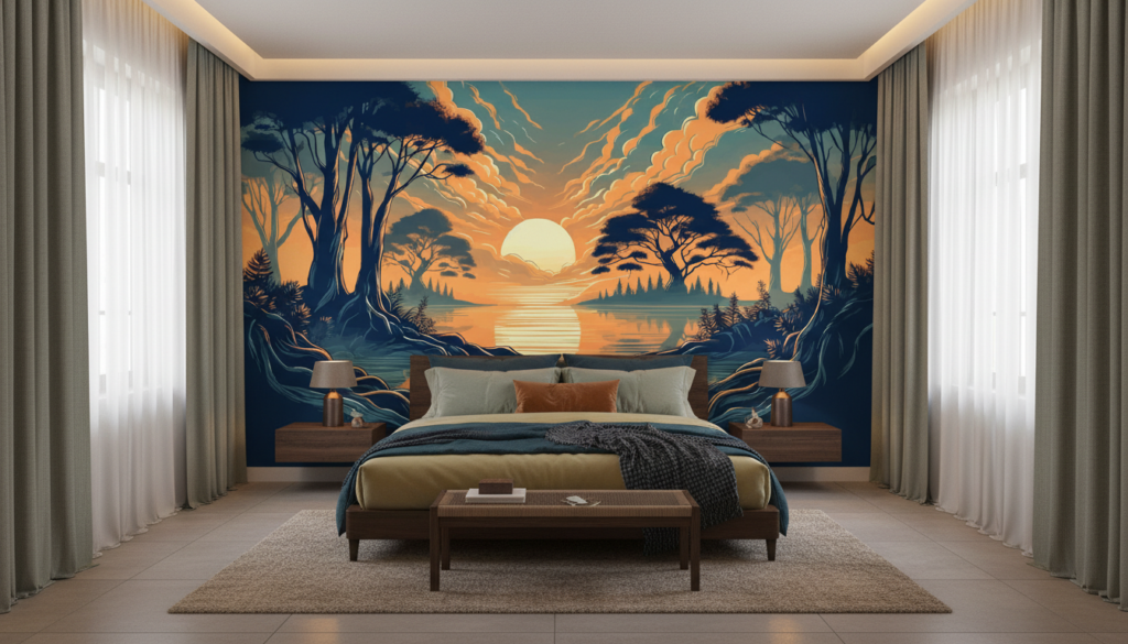 Coucher de soleil sur lac paisible entre arbres silhouettés - Chambre adulte