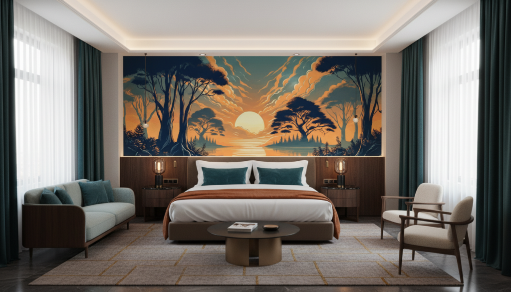 Coucher de soleil sur lac paisible entre arbres silhouettés - Hôtel