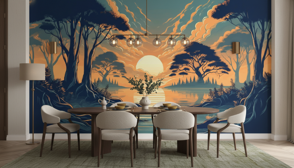 Coucher de soleil sur lac paisible entre arbres silhouettés - Salle à manger