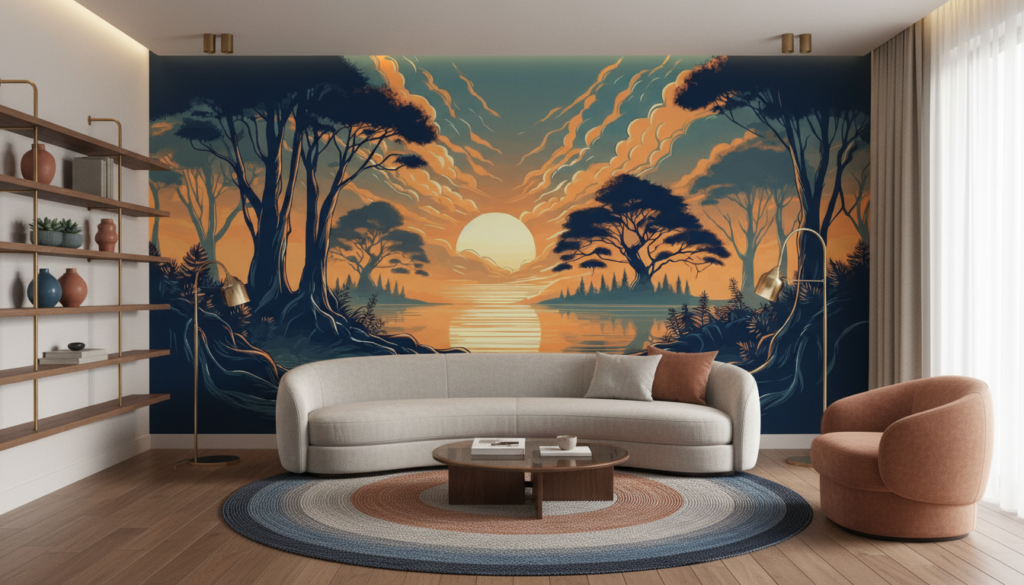 Coucher de soleil sur lac paisible entre arbres silhouettés - Salon / Séjour