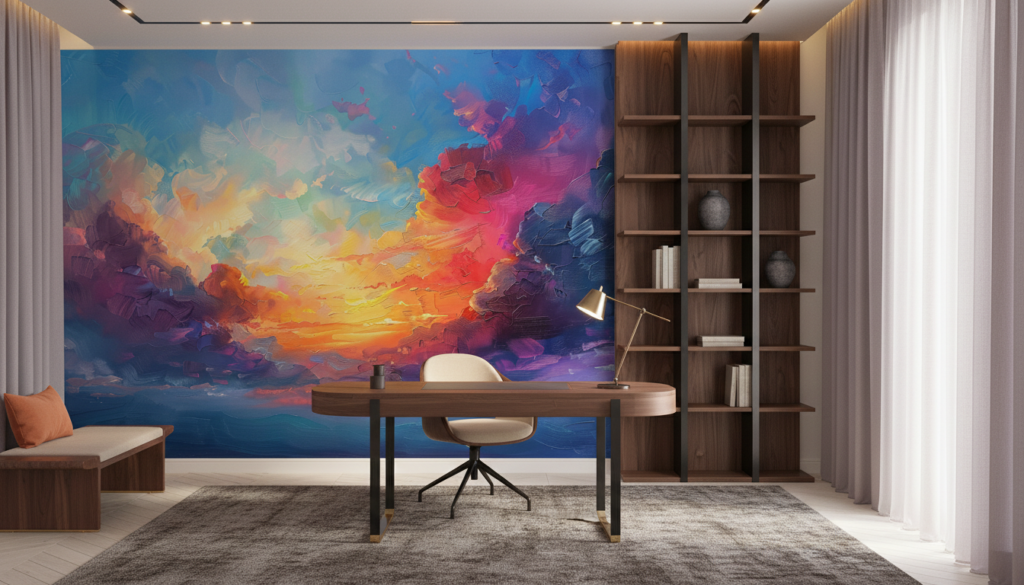 Coucher de soleil vibrant dans nuages colorés style impressionniste - Bureau