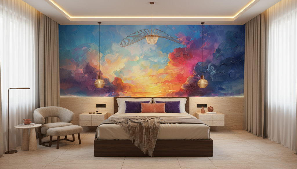 Coucher de soleil vibrant dans nuages colorés style impressionniste - Hôtel