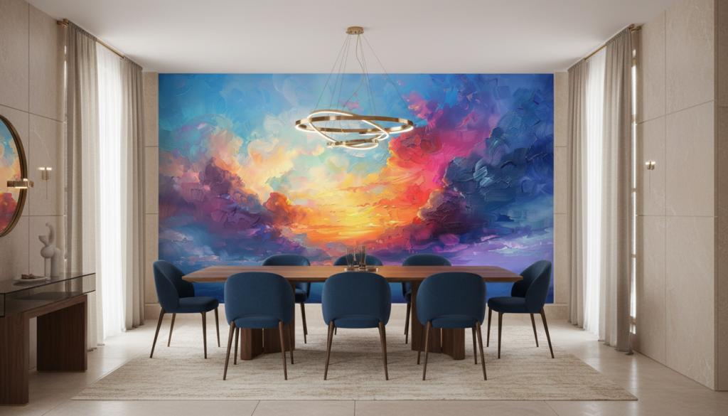 Coucher de soleil vibrant dans nuages colorés style impressionniste - Salle à manger