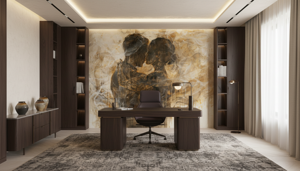 Couple Enlacé Abstrait Tons Dorés et Ocre Romantique - Bureau