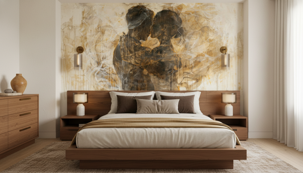 Couple Enlacé Abstrait Tons Dorés et Ocre Romantique - Chambre adulte