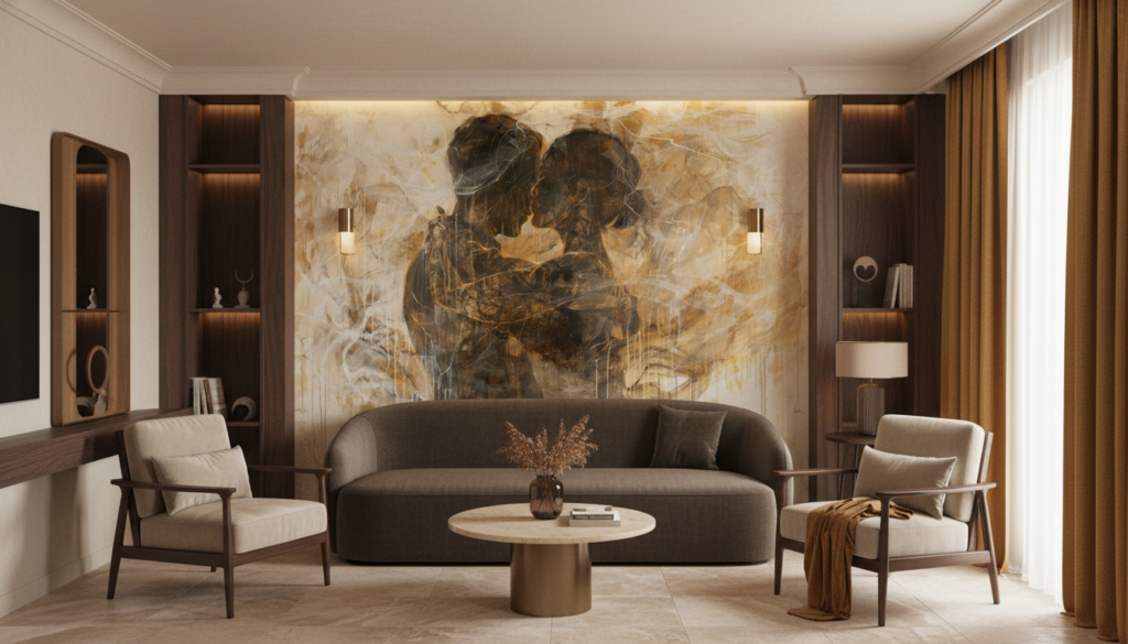 Couple Enlacé Abstrait Tons Dorés et Ocre Romantique - Hôtel