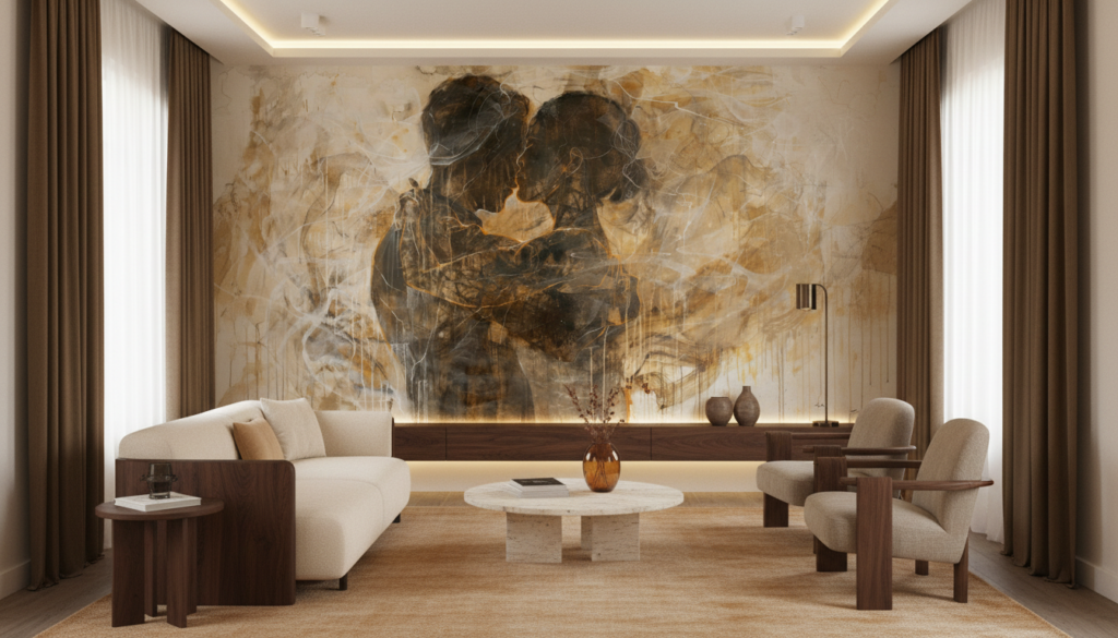 Couple Enlacé Abstrait Tons Dorés et Ocre Romantique - Salon / Séjour