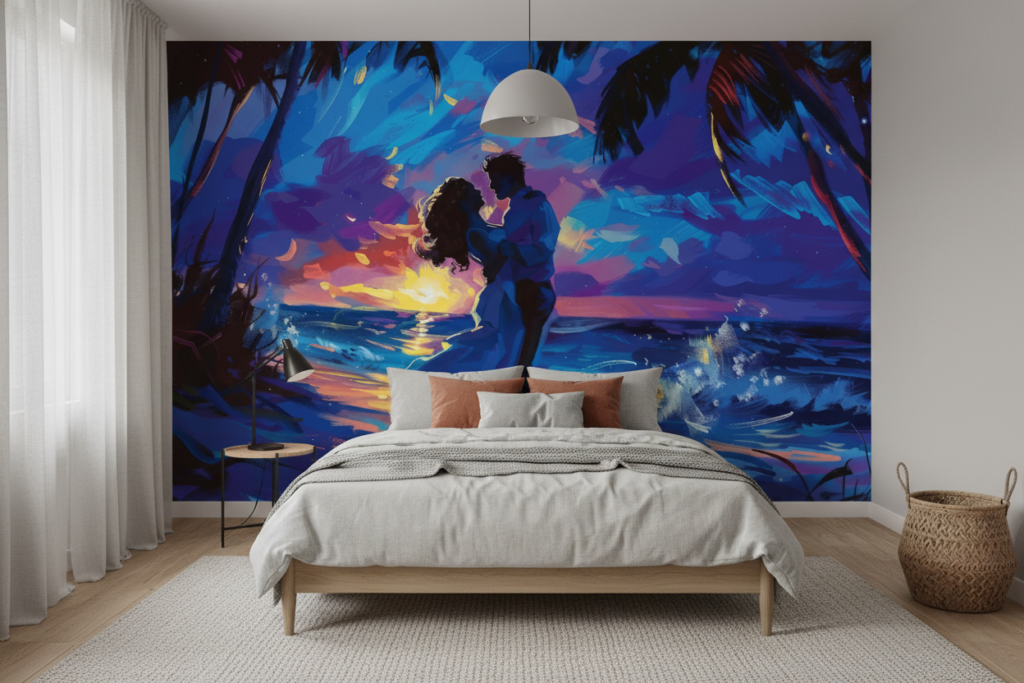 Couple romantique coucher de soleil tropical plage palmiers - Chambre ado