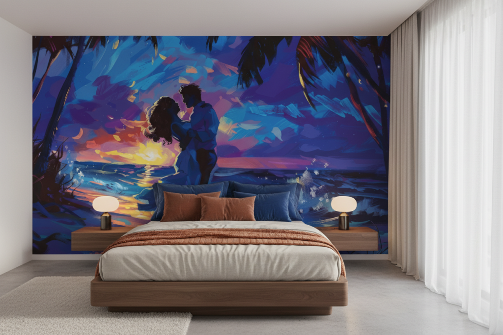 Couple romantique coucher de soleil tropical plage palmiers - Chambre adulte