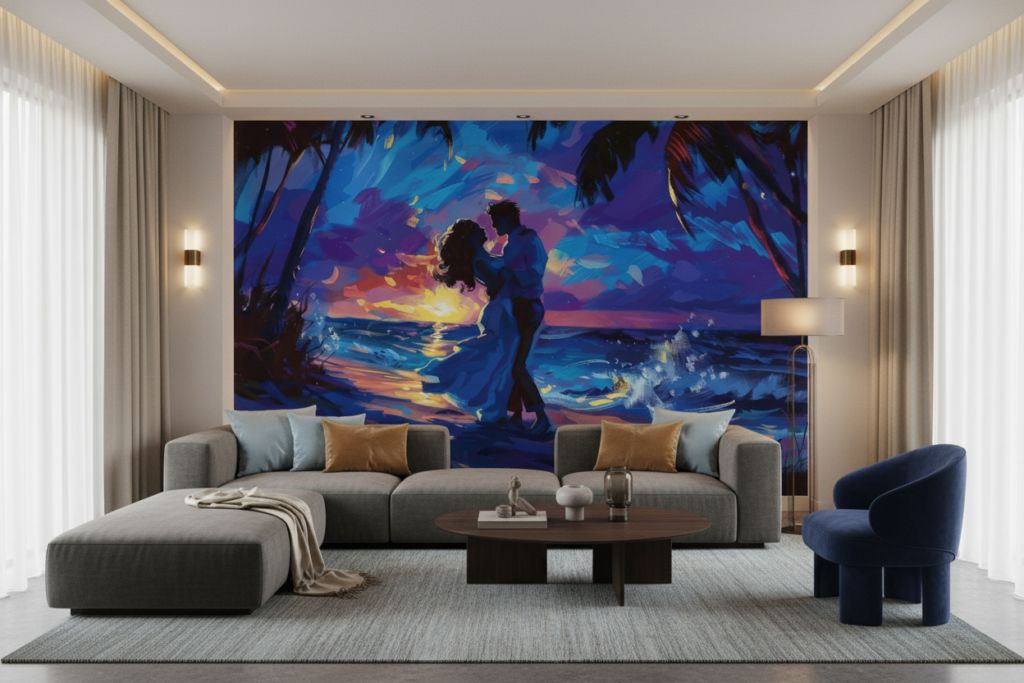 Couple romantique coucher de soleil tropical plage palmiers - Salon / Séjour