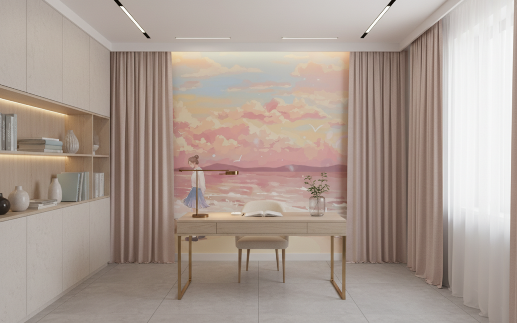 Couple romantique sur plage au coucher de soleil pastel - Bureau