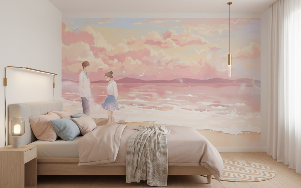 Couple romantique sur plage au coucher de soleil pastel - Chambre ado
