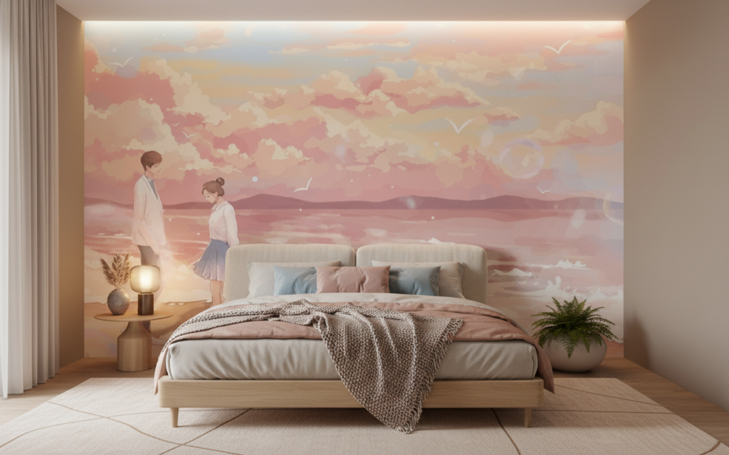Couple romantique sur plage au coucher de soleil pastel - Chambre adulte