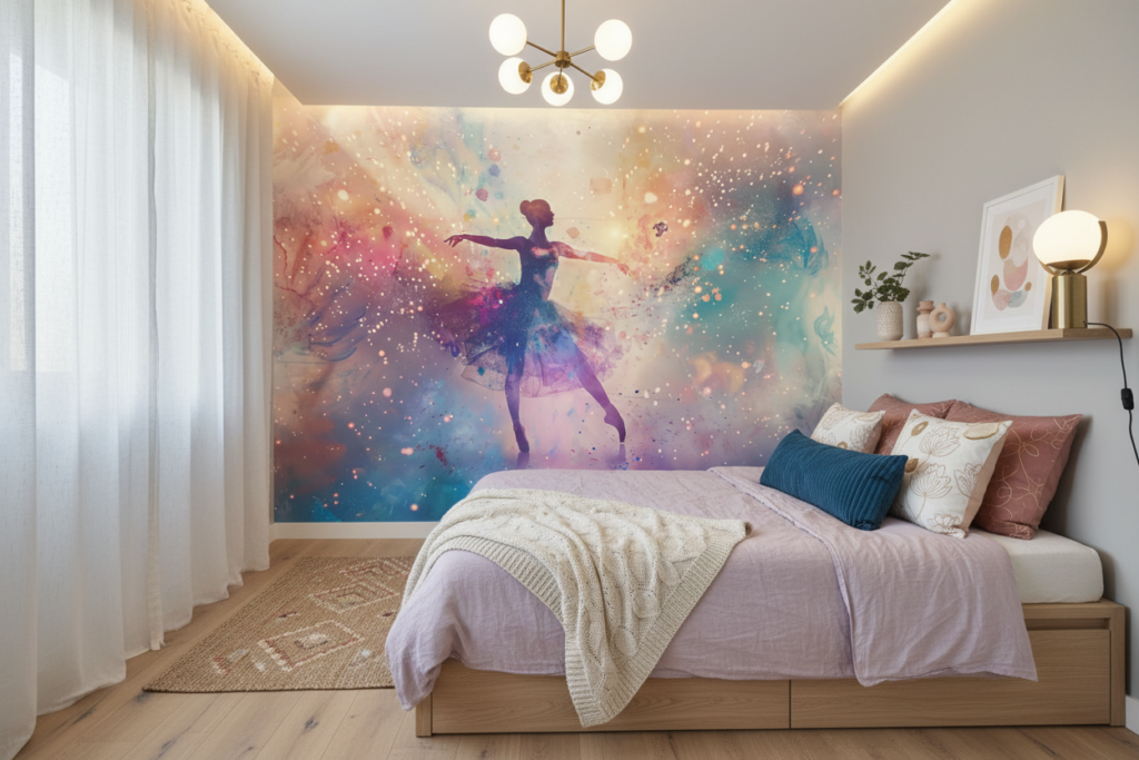 Danseuse Étoilée dans Galaxie Multicolore Aquarelle Artistique - Chambre ado