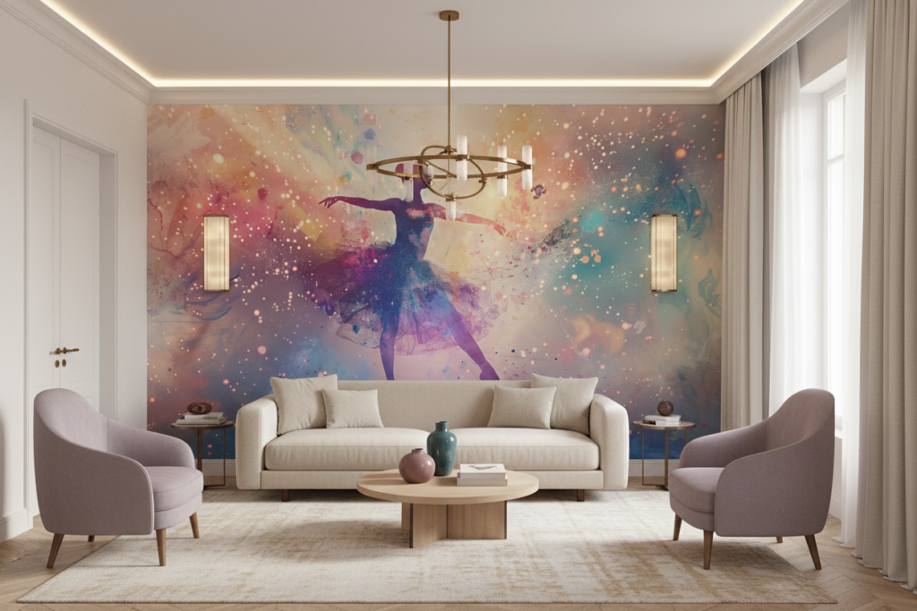 Danseuse Étoilée dans Galaxie Multicolore Aquarelle Artistique - Salon / Séjour