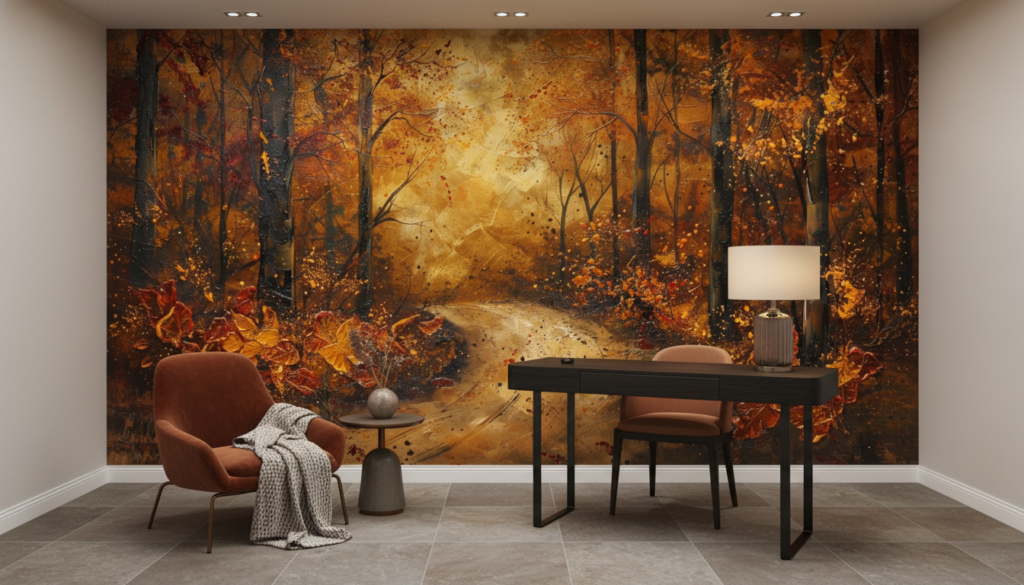 Forêt d'automne dorée avec chemin mystérieux et feuilles tourbillonnantes - Bureau