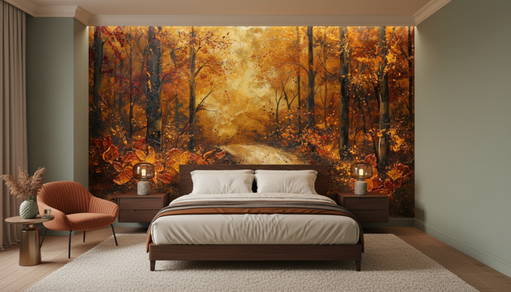 Forêt d'automne dorée avec chemin mystérieux et feuilles tourbillonnantes - Chambre adulte