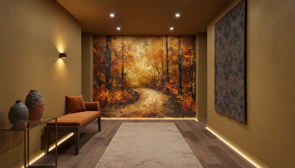 Forêt d'automne dorée avec chemin mystérieux et feuilles tourbillonnantes - Couloir