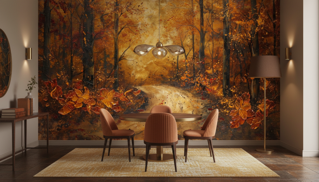 Forêt d'automne dorée avec chemin mystérieux et feuilles tourbillonnantes - Salle à manger