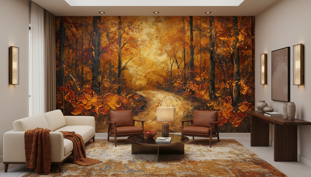 Forêt d'automne dorée avec chemin mystérieux et feuilles tourbillonnantes - Salon / Séjour